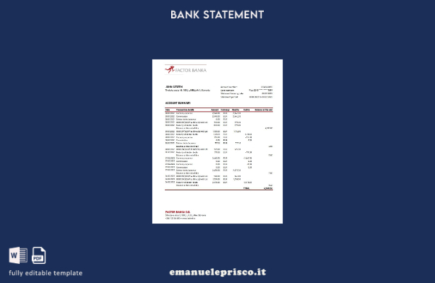 modello Excel di estratto conto bancario Slovenia Factor Banka in stile verifica